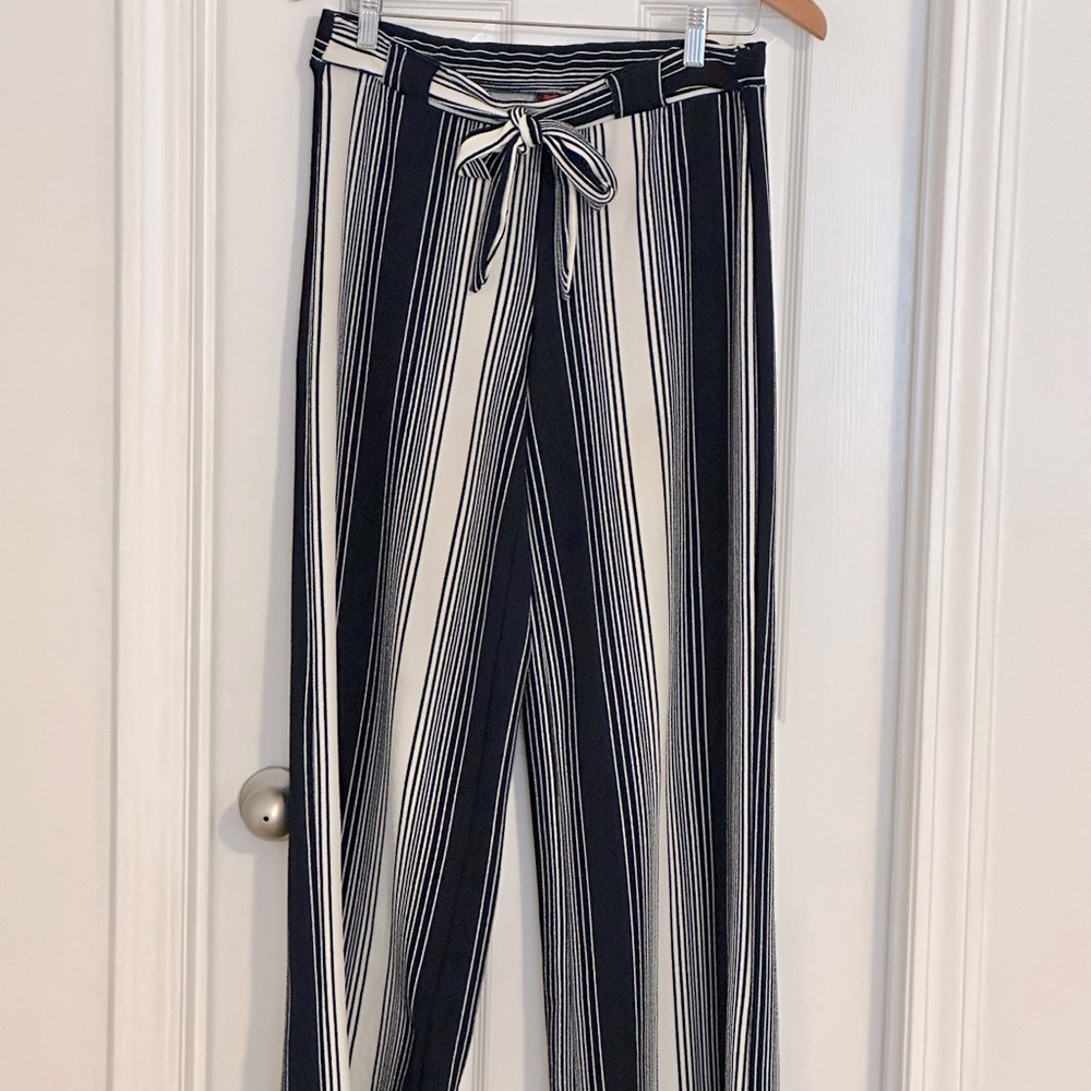 Navy & White Striped Stretchy Wide-leg Pants